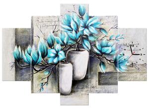 Gario Órás falikép Kék magnóliák vázákban - 5 részes Méret: 150 x 70 cm