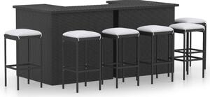 8 részes fekete polyrattan kerti bárszett párnával