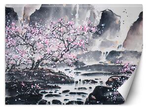 Gario Fotótapéta Cseresznyevirágzás egy hegyi háttéren Anyag: Vlies, Méret: 200 x 140 cm