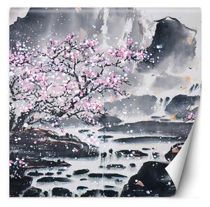 Gario Fotótapéta Virágzó cseresznye, a háttérben a hegyek Anyag: Vlies, Méret: 100 x 100 cm