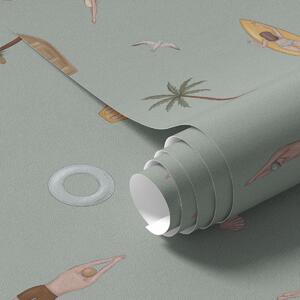 Tapéta Úszók, delfinek és strandkellékek zöld háttér előtt, Tapétá unikális, a01275v2 : Uwalls.hu