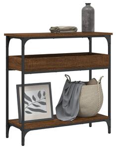 Barna tölgyszínű szerelt fa tálalóasztal polccal 75x29x75 cm
