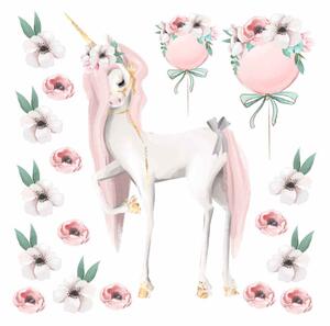 Gario Falmatrica gyerekeknek Pastel unicorns - egyszarvú, piros virágok, fehér virágok, léggömbök