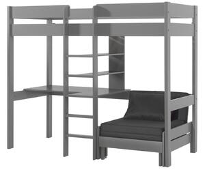 Szürke fenyő emeletes ágy Vipack Pino 90 x 200 cm asztallal és összecsukható székkel