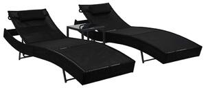 VidaXL Napozóágy Szett - 2 db Fekete Polyrattan - Asztallal