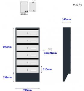 M39/6 N modulos postaláda dőlt RAL7016 + rozsdamentes, 6db Rozsdamentes / Antracit