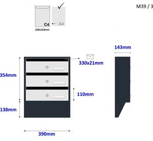 M39/3 N modulos postaláda dőlt RAL7016 + rozsdamentes, 3db Rozsdamentes / Antracit