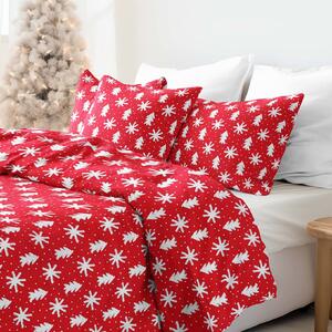 Goldea karácsonyi pamut ágyneműhuzat - hópihék és karácsonyfák piros alapon 140 x 200 és 70 x 90 cm