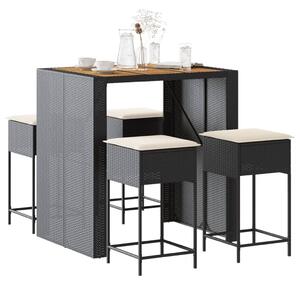 5 részes fekete polyrattan kerti bárszett párnával
