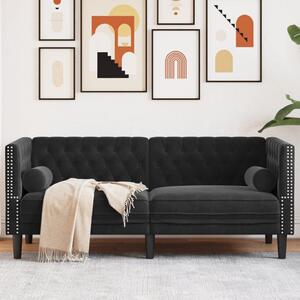 2 személyes fekete bársony Chesterfield kanapé hengerpárnákkal