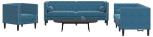 3 részes kék bársony Chesterfield kanapészett hengerpárnákkal