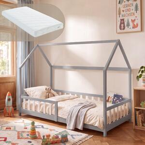 Házikó gyerekágy Hesel Montessori stílusban leesésgátlóval és matraccal 90x200 cm szürke/fehér [en.casa]