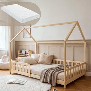 Házikó gyerekágy Hesel Montessori stílusban leesésgátlóval és matraccal 140x200 cm natúr [en.casa]