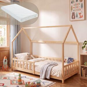 Házikó gyerekágy Hesel Montessori stílusban leesésgátlóval és matraccal 90x200 cm natúr [en.casa]