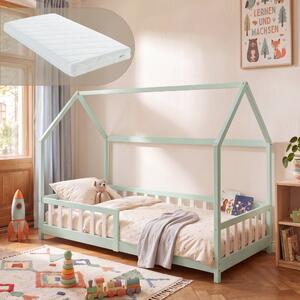Házikó gyerekágy Hesel Montessori stílusban leesésgátlóval és matraccal 90x200 cm mentazöld/fehér [en.casa]
