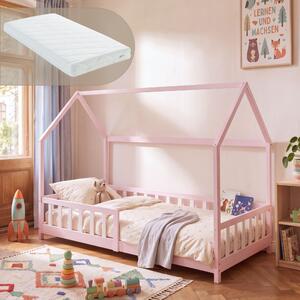 Házikó gyerekágy Hesel Montessori stílusban leesésgátlóval és matraccal 90x200 cm rózsaszín/fehér [en.casa]