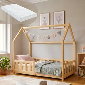 Házikó gyerekágy Hesel Montessori stílusban leesésgátlóval és matraccal 70x140 cm natúr [en.casa]
