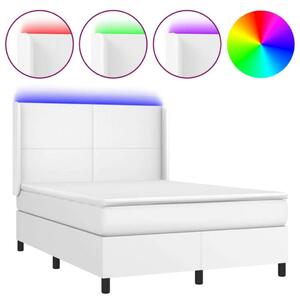 Fehér műbőr rugós ágy matraccal és led-del 140x190 cm