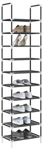 Fekete nem szőtt szövetből cipőállvány 10 szintes 44x28x180 cm