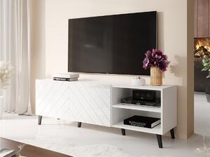 TV-állvány Charlotte 144, Közepes sűrűségű farostlemez, Laminált forgácslap, 52x150x42cm, Fényes fehér, Fehér