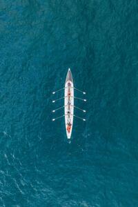 Fotográfia Rowboat on the ocean as seen from above, France, Abstract Aerial Art, (26.7 x 40 cm)