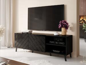 TV-állvány Charlotte 144, Közepes sűrűségű farostlemez, Laminált forgácslap, 52x150x42cm, Fényes fekete, Fekete