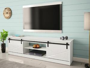 TV-állvány Charlotte 156, Közepes sűrűségű farostlemez, Laminált forgácslap, 57x200x35cm, Fehér, Fényes fehér