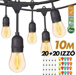 Kültéri fényfüzér kerti égősor girland 10m + 20db színes parti izzó | Sorolható IP44 E27