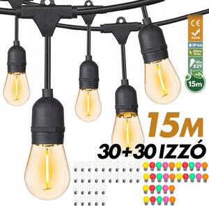 Kültéri fényfüzér kerti égősor girland 15m + 30db színes parti izzó | Sorolható IP44 E27