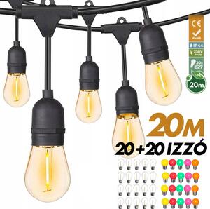 Kültéri fényfüzér kerti égősor girland 20m + 20db színes parti izzó | Sorolható IP44 E27