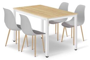 Étkezőasztal TESSA 120cm x 60cm - tölgy / fehér láb + 4 db WAT szürke / natúr láb