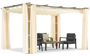 Barbados terasz pergola 3x4 m Garden Point fa-bézs színű függönyökkel