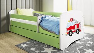 Babydreams gyerekágy tűzoltós dizájnnal, méret: 160x80, szín: világoszöld, matraccal, ágyneműtartóval