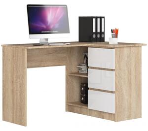 Sarok íróasztal 124x85cm szanoma tölgy, magasfényű fehér, jobbos kivitel