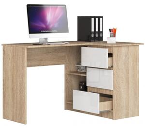 Sarok íróasztal 124x85cm szanoma tölgy, magasfényű fehér, jobbos kivitel