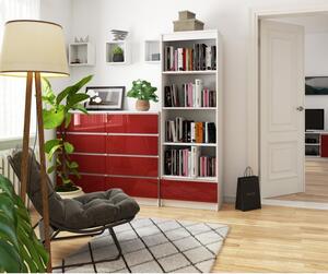Könyvespolc, egy fiók négy polc fehér, magasfényű piros 60x35cm