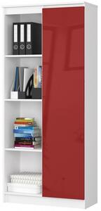 Irodai tároló szekrény ajtóval, nyolc polccal fehér, magasfényű piros 80x35cm