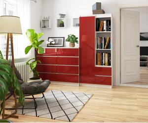 Irodai könyvespolc ajtóval, két fiókkal fehér, magasfényű piros cm