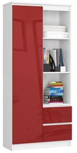 Irodai könyvespolc ajtóval, két fiókkal fehér, magasfényű piros cm