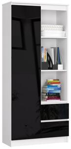 Irodai könyvespolc ajtóval, két fiókkal fehér, magasfényű fekete 80x35cm