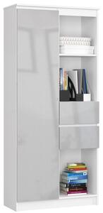 Irodai könyvespolc ajtóval, két fiókkal fehér, magasfényű fémszínű 80x35cm