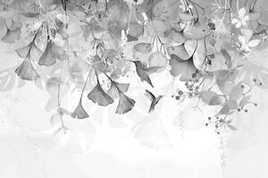 Tapéta levelek kolibrikkel fekete-fehérben