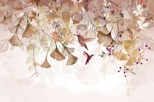 Öntapadó tapéta levelek kolibrikkel barna-rózsaszínben