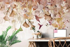 Tapéta levelek kolibrikkel barna-rózsaszínben