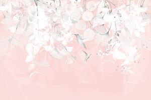 Tapéta levelek kolibrikkel rózsaszín-szürkében