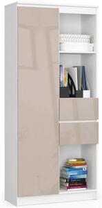 Irodai könyvespolc ajtóval, két fiókkal fehér, magasfényű kapucsínó 80x35cm