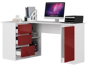 Sarok íróasztal, balos, 155 cm - 77 cm - 85 cm | Korpusz fehér matt - Vörös fényes