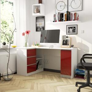 Sarok íróasztal, balos, 155 cm - 77 cm - 85 cm | Korpusz fehér matt - Vörös fényes