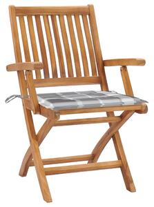 VidaXL 2 db tömör tíkfa kerti szék szürke kockás párnákkal