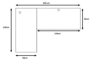 N sarok számítógépasztal LED, 200/135x73-76x65, fehér/fekete, jobb